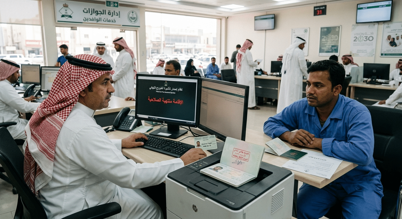 خروج نهائي والاقامة منتهية بدون علم الكفيل