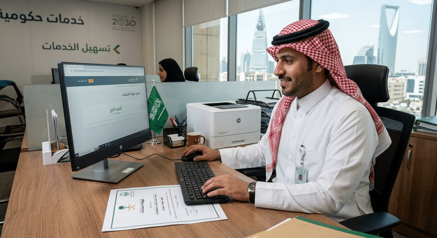 موظف سعودى فى تخليص الخدمات الحكومية يقوم ب تجديد شهادة منشات في السعودية