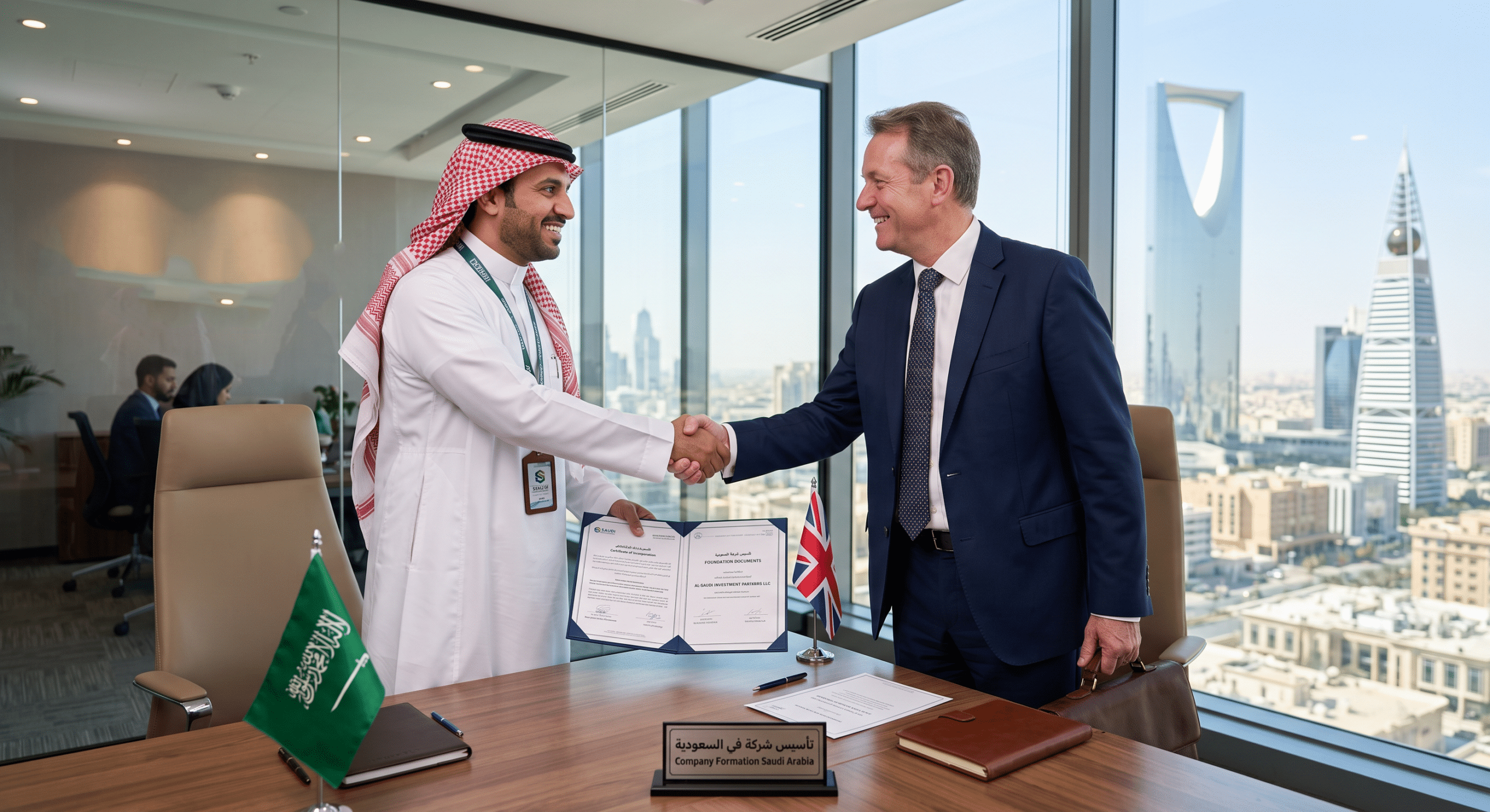 موظف سعودي فى شركة تأسيس شركات يصافح مستثمر أجنبي كعلامة لتأسيس شركة فى السعودية