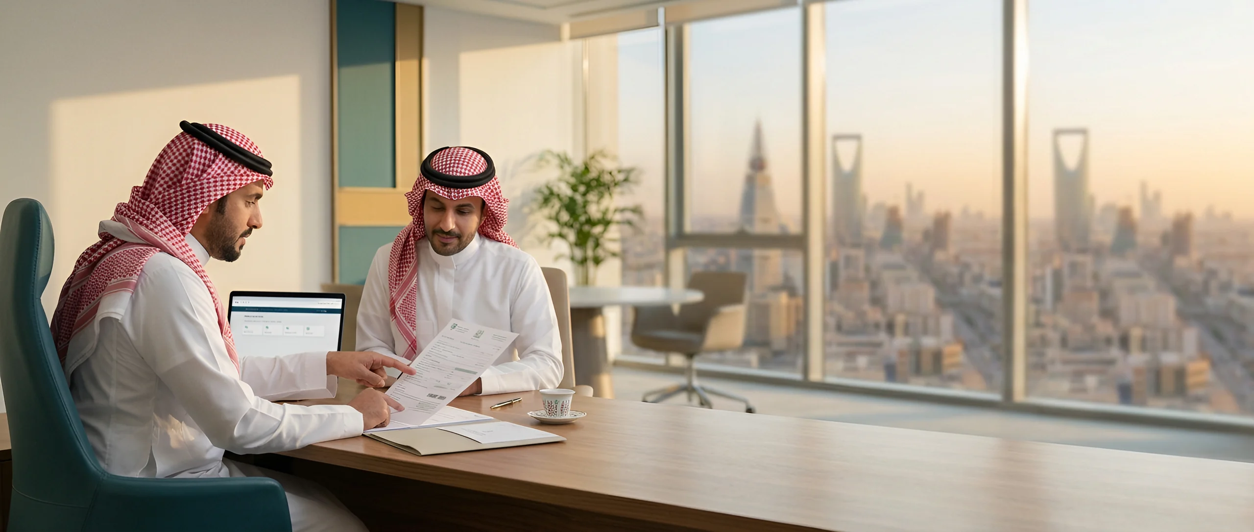 مستشار من تنفيذ يراجع مستندات معاملة حكومية مع عميل في مكتب بالرياض