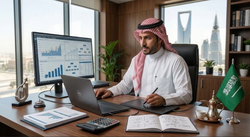 موظف سعودي يقوم ب حساب القيمة المالية للعلامة التجارية