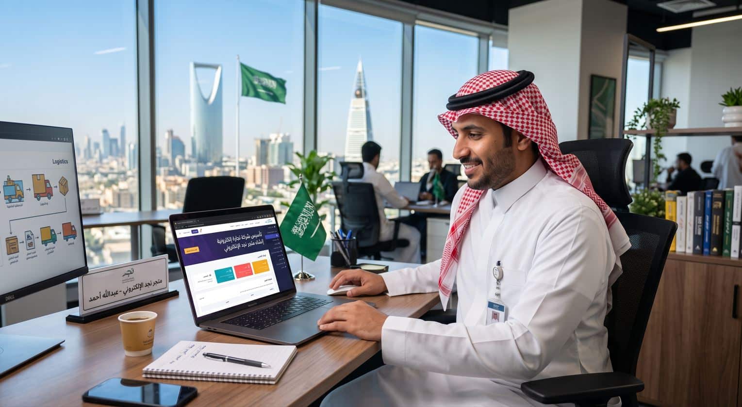 موظف سعودي يقوم بعمل تأسيس شركة تجارة إلكترونية ومتجر في السعودية