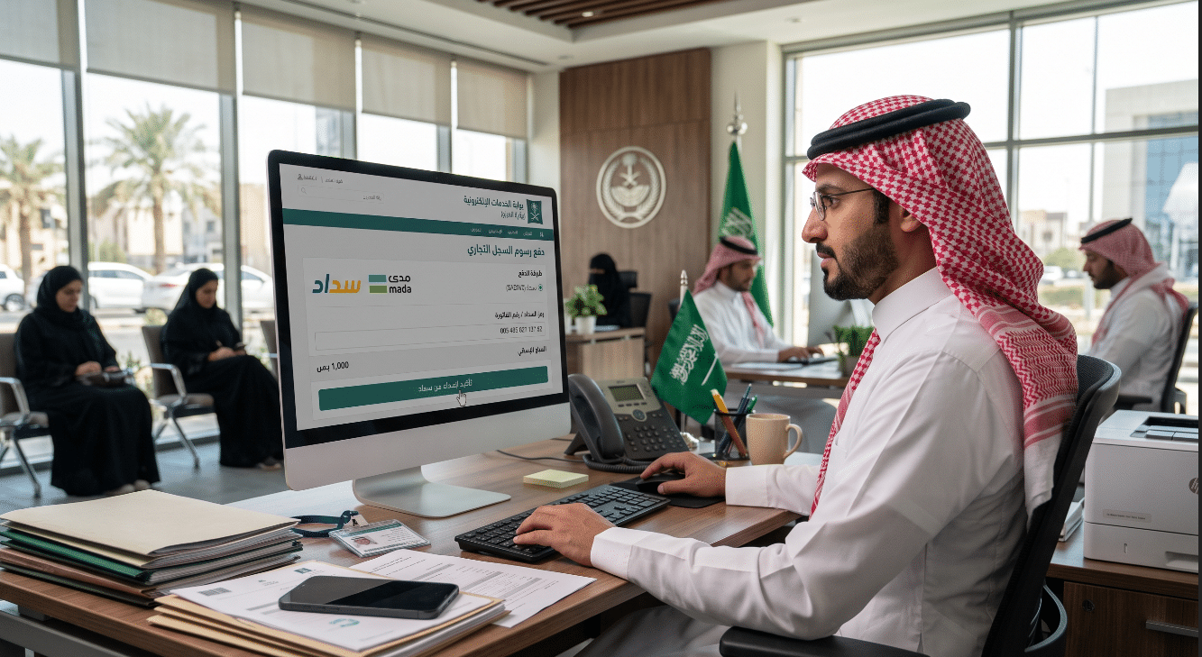 موظف سعودي يقوم بدفع رسوم السجل التجاري باستخدام رمز السداد في السعودية على الكمبيوتر