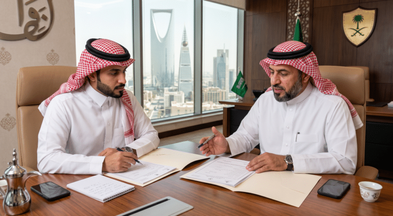 2 رجال اعمل سعودين يتشاورون فى صفقة شراء سجل تجاري في السعودية