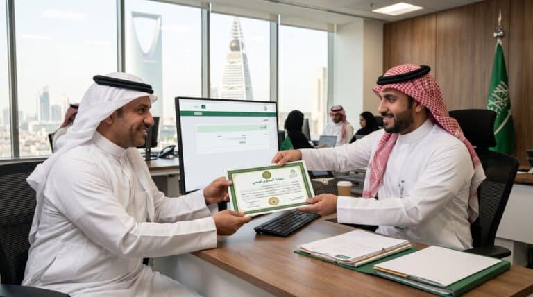 موظف السعودي بالرياض، وهو يقوم بتسليم شهادة المحتوى المحلي المطبوعة لعميل سعودي يجلس أمامه عند المكتب، بكل ودية وتقدير.