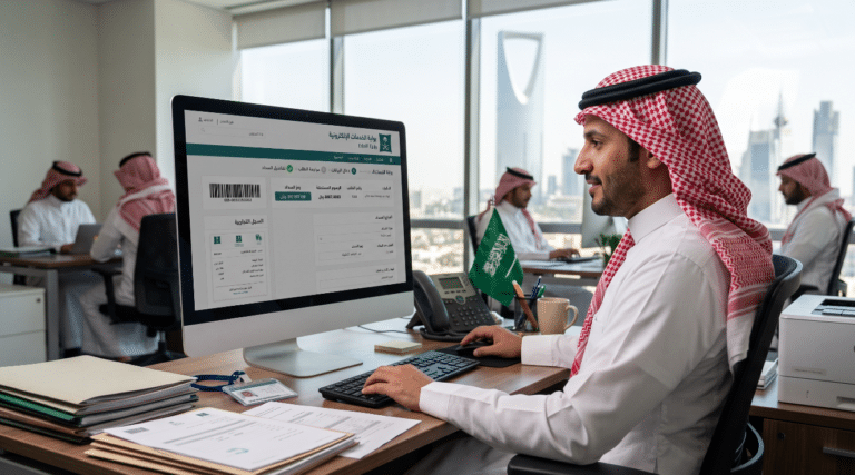 موظف سعودي يقوم بإنشاء رمز سداد السجل التجاري في السعودية على الكمبيوتر